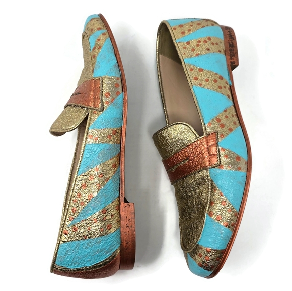 One Of A Kind Hand Painted Crinkle Gold Penny Loafers J Crew Women's 8 - Picture 4 of 14